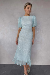 Sequin Puff Sleeve Midi Dress