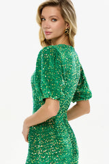 Sequin Decorated Velvet Puff Sleeve Midi Dress