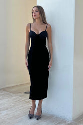 Frill Cups Velvet Midi Dress