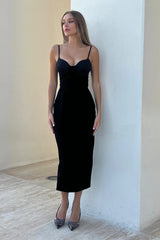 Frill Cups Velvet Midi Dress