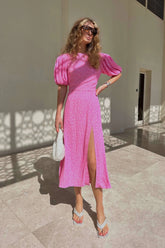 Viscose Puff Sleeve Slit Midi Dress