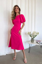 Godet Silhouette Puff Sleeve Midi Dress
