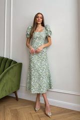 Godet Silhouette Square Neck Midi Dress