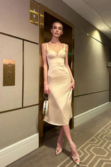 Satin V neck Midi Dress