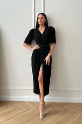 Lace Decorated Button Front Midi Dress with Belt