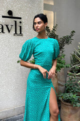 Viscose Puff Sleeve Slit Midi Dress