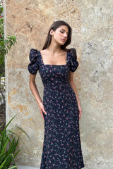 Godet Silhouette Square Neck Midi Dress