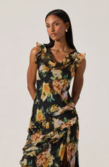 Alinta Floral Ruffle Cowl Neck Midi Dress