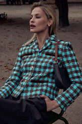 Single Breasted Velvet Trim Plaid Jacket