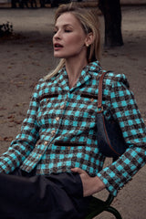 Single Breasted Velvet Trim Plaid Jacket