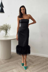 Feather Detail Satin Sheath Dress