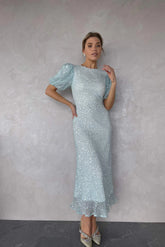 Sequin Puff Sleeve Midi Dress