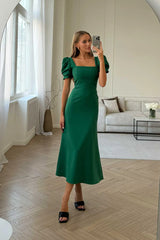 Godet Silhouette Square Neck Midi Dress