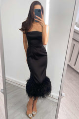 Feather Detail Satin Sheath Dress
