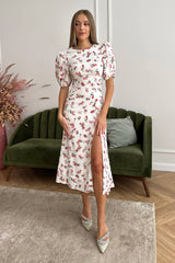 Viscose Puff Sleeve Slit Midi Dress