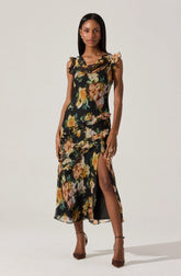 Alinta Floral Ruffle Cowl Neck Midi Dress