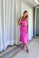 Satin V neck Midi Dress