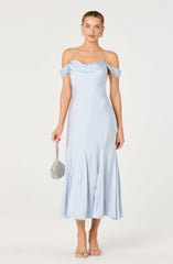 Araxie Satin Off-Shoulder Godet Midi Dress