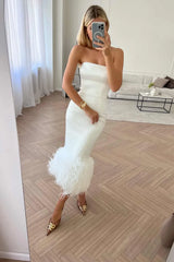Feather Detail Satin Sheath Dress