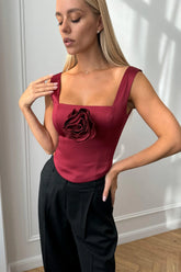 Satin Square Neck Top with removable rose