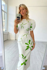 Voluminous Sleeve Abstract Print Midi Dress