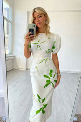 Voluminous Sleeve Abstract Print Midi Dress