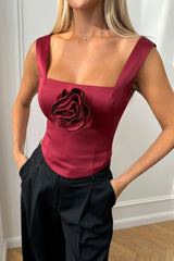 Satin Square Neck Top with removable rose