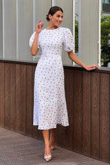 Puff Sleeve Printed Midi Dress