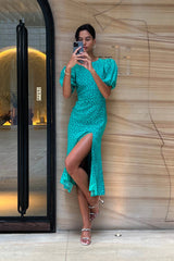 Viscose Puff Sleeve Slit Midi Dress