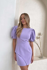 Asymmetric Hem Puff Sleeve Mini Dress