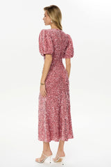Sequin Decorated Velvet Puff Sleeve Midi Dress