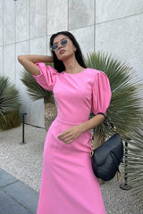 Godet Silhouette Puff Sleeve Midi Dress