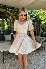 Pleated Sleeve Full Skirt Mini Dress