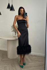 Feather Detail Satin Sheath Dress