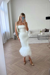 Feather Detail Satin Sheath Dress