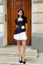 Square Neckline Mini Dress with Rose Belt