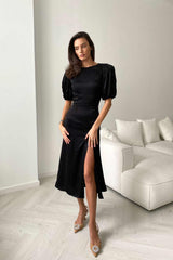 Viscose Puff Sleeve Slit Midi Dress