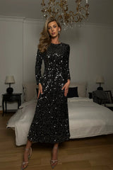 Sequin Decorated Velvet Long Sleeve Midi Dress