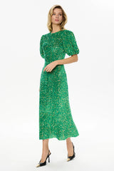 Sequin Decorated Velvet Puff Sleeve Midi Dress