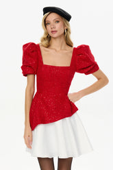 Square Neck Short Sleeve Tweed Top