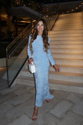 Sequin Decorated Velvet Long Sleeve Midi Dress