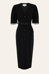 Lace Decorated Button Front Midi Dress with Belt