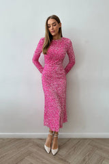 Sequin Decorated Velvet Long Sleeve Midi Dress