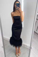 Feather Detail Satin Sheath Dress