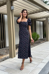 Godet Silhouette Square Neck Midi Dress
