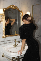 Sequin Decorated Velvet Puff Sleeve Midi Dress