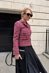 Single Breasted Velvet Trim Plaid Jacket