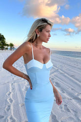 Midi length dress with a combined bodice detail