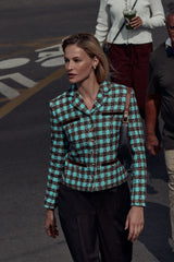 Single Breasted Velvet Trim Plaid Jacket