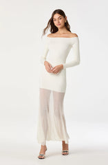 Off Shoulder Mesh Panel Hem Maxi Dress